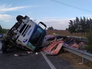 Un camión volcó en la autopista Ezeiza-Cañuelas y quedó carne esparcida en el pavimento