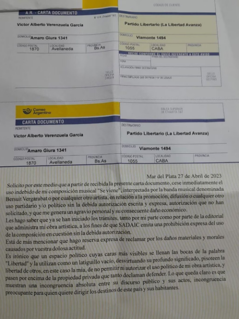 La Bersuit intimó a Javier Milei para que deje de utilizar la canción ‘Se viene’ 1 Carta.png