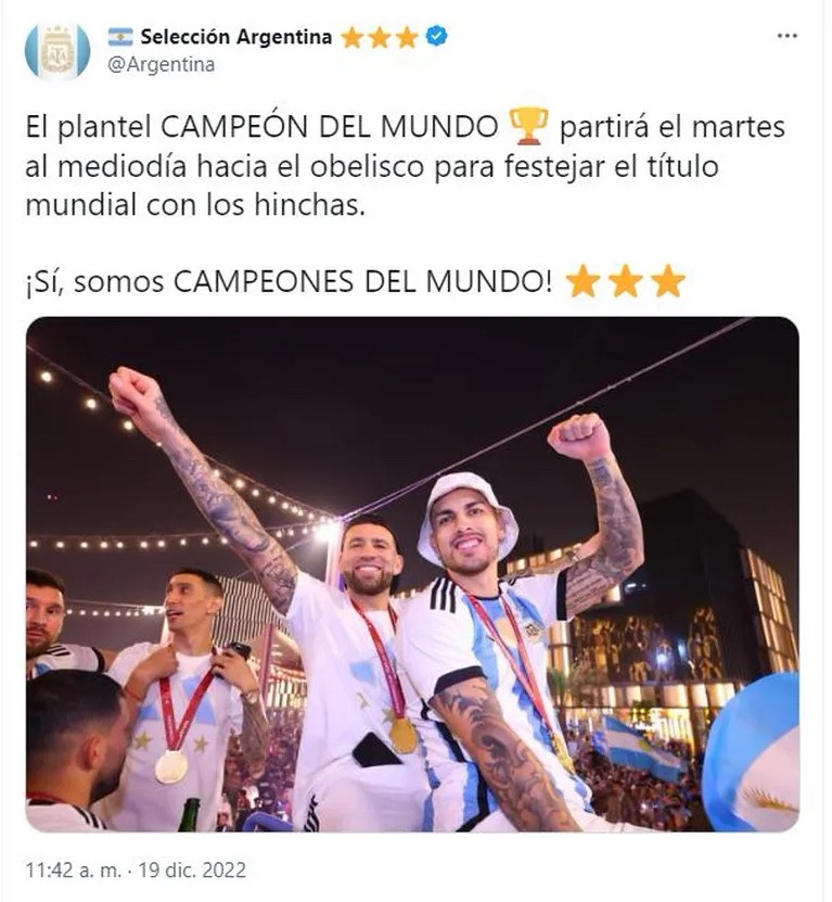 La Selección argentina irá este martes en caravana al Obelisco para festejar la Copa del Mundo 1 afa_caravana_mundial_qatar_2022.jpg