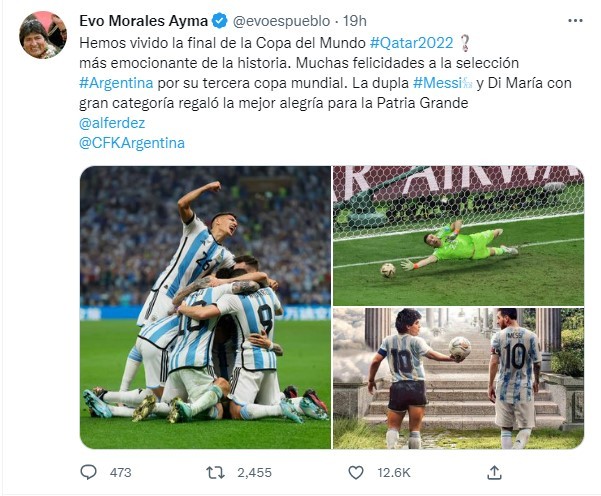 Políticos latinoamericanos felicitan a la Selección Argentina por el título en el Mundial Qatar 2022 6 evo-morales-argentina-qatar-felicidades.jpg