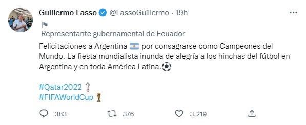 Políticos latinoamericanos felicitan a la Selección Argentina por el título en el Mundial Qatar 2022 5 guillermo-lasso-argentina-qatar-felicidades.jpg