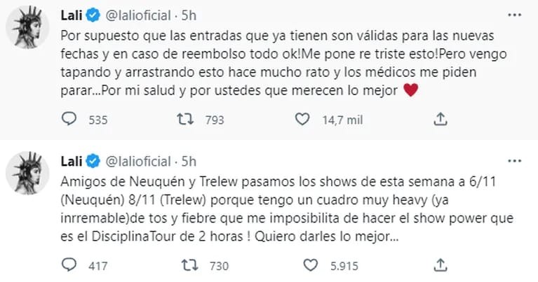 Lali Esposito reprograma dos shows por problemas de salud 1 lali_tweets.jpg